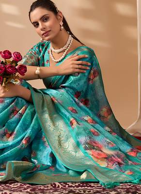 Aqua lichi silk digital floral printed saree with rich zari border – designer banarasi silk saree with blouse 3