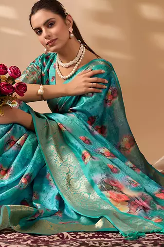 Aqua lichi silk digital floral printed saree with rich zari border – designer banarasi silk saree with blouse