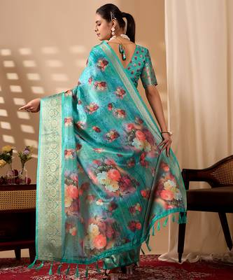Aqua lichi silk digital floral printed saree with rich zari border – designer banarasi silk saree with blouse 4