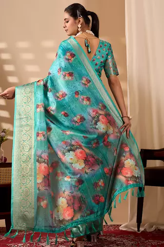 Aqua lichi silk digital floral printed saree with rich zari border – designer banarasi silk saree with blouse