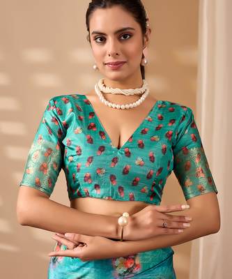 Aqua lichi silk digital floral printed saree with rich zari border – designer banarasi silk saree with blouse 5