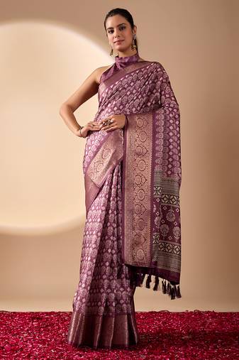 Purple lichi silk saree with rich weaving work & grand border | banarasi style festive saree
