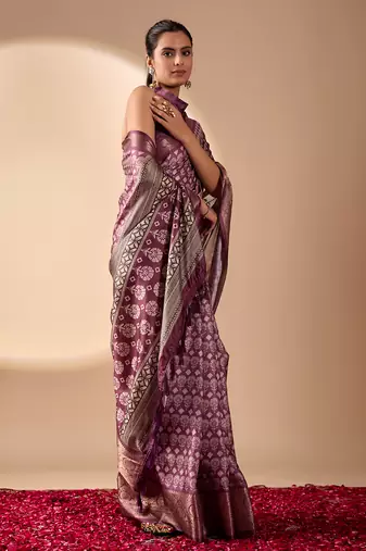 Purple lichi silk saree with rich weaving work & grand border | banarasi style festive saree