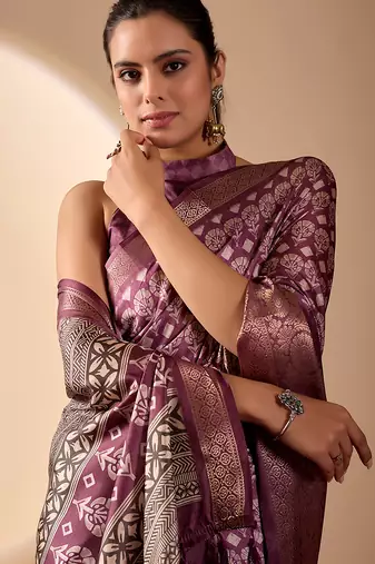 Purple lichi silk saree with rich weaving work & grand border | banarasi style festive saree