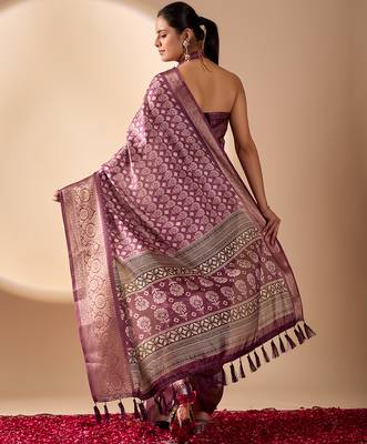 Purple lichi silk saree with rich weaving work & grand border | banarasi style festive saree 4