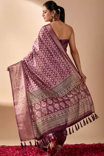 Purple lichi silk saree with rich weaving work & grand border | banarasi style festive saree