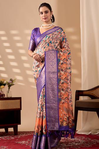 Peach orange soft lichi silk printed saree with royal zari woven border banarasi silk saree with blouse