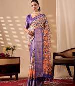Peach orange soft lichi silk printed saree with royal zari woven border banarasi silk saree with blouse