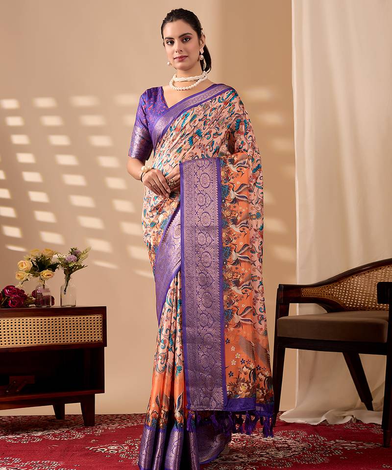 Peach orange soft lichi silk printed saree with royal zari woven border banarasi silk saree with blouse