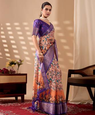 Peach orange soft lichi silk printed saree with royal zari woven border banarasi silk saree with blouse 2