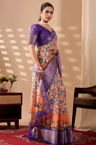 Peach orange soft lichi silk printed saree with royal zari woven border banarasi silk saree with blouse