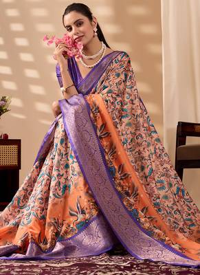 Peach orange soft lichi silk printed saree with royal zari woven border banarasi silk saree with blouse 3