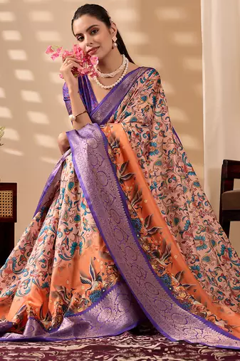 Peach orange soft lichi silk printed saree with royal zari woven border banarasi silk saree with blouse