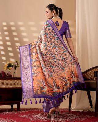 Peach orange soft lichi silk printed saree with royal zari woven border banarasi silk saree with blouse 4