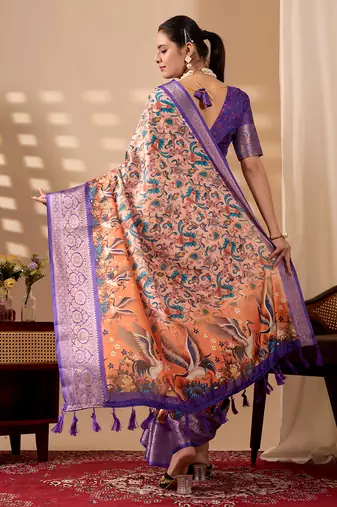 Peach orange soft lichi silk printed saree with royal zari woven border banarasi silk saree with blouse