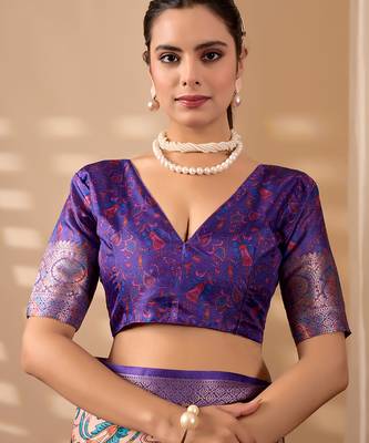 Peach orange soft lichi silk printed saree with royal zari woven border banarasi silk saree with blouse 5