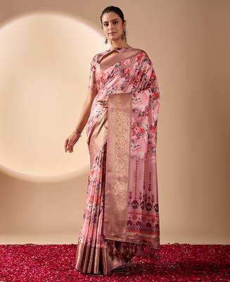 Mauve pink designer printed soft lichi silk saree with zari woven border party wear saree with blouse 1