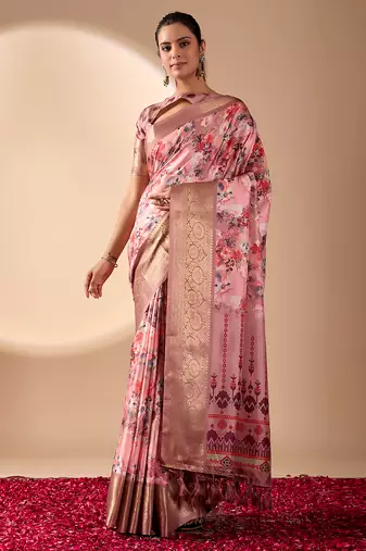 Mauve pink designer printed soft lichi silk saree with zari woven border party wear saree with blouse