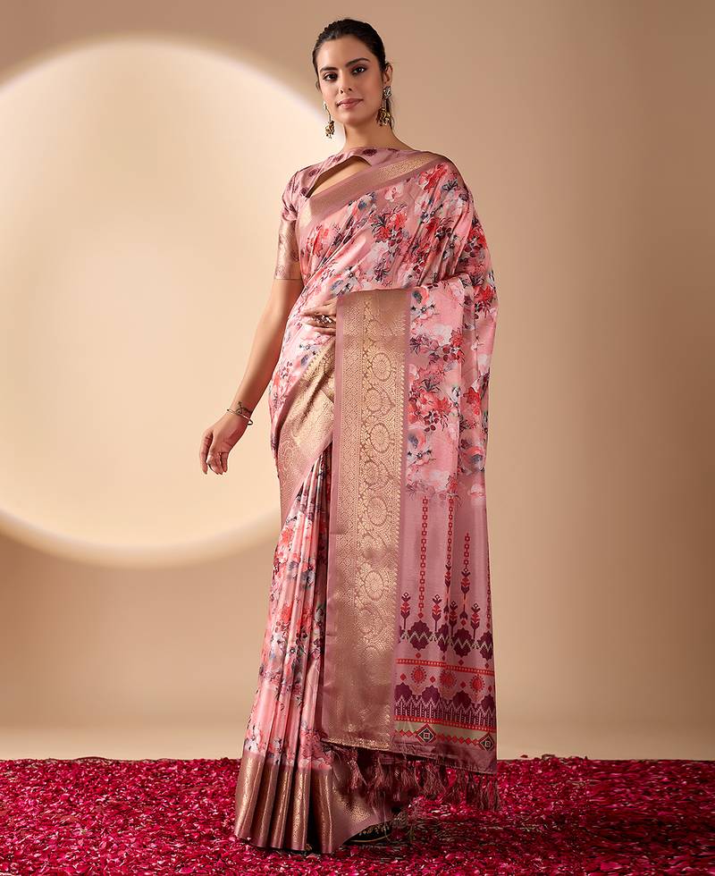 Mauve pink designer printed soft lichi silk saree with zari woven border party wear saree with blouse