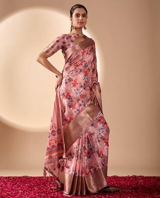 Mauve pink designer printed soft lichi silk saree with zari woven border party wear saree with blouse 2