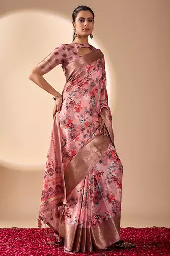 Mauve pink designer printed soft lichi silk saree with zari woven border party wear saree with blouse
