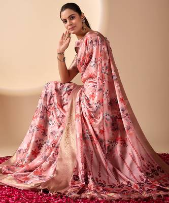 Mauve pink designer printed soft lichi silk saree with zari woven border party wear saree with blouse 3