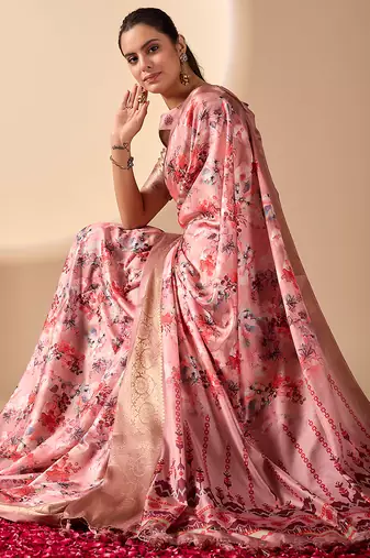 Mauve pink designer printed soft lichi silk saree with zari woven border party wear saree with blouse