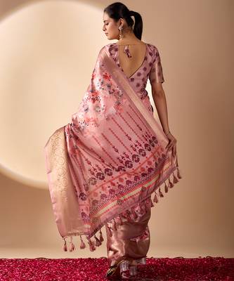 Mauve pink designer printed soft lichi silk saree with zari woven border party wear saree with blouse 4