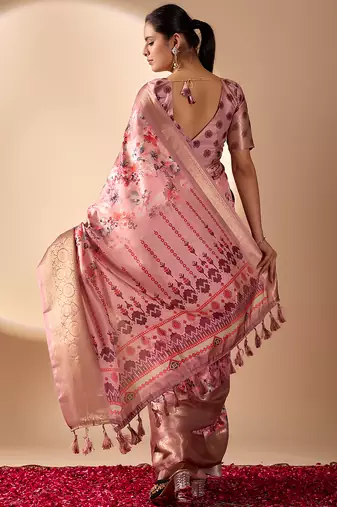Mauve pink designer printed soft lichi silk saree with zari woven border party wear saree with blouse