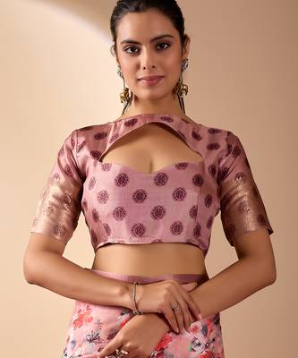 Mauve pink designer printed soft lichi silk saree with zari woven border party wear saree with blouse 5