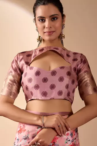 Mauve pink designer printed soft lichi silk saree with zari woven border party wear saree with blouse