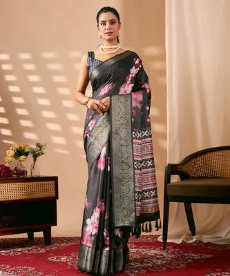 Charcoal black designer digital floral soft lichi silk saree with zari woven border | printed saree with matching blouse 1