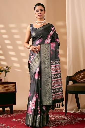 Charcoal black designer digital floral soft lichi silk saree with zari woven border | printed saree with matching blouse