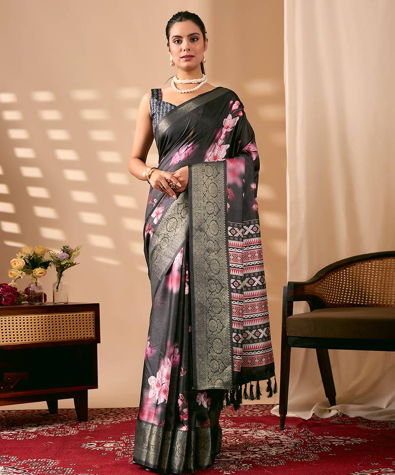 Charcoal black designer digital floral soft lichi silk saree with zari woven border | printed saree with matching blouse