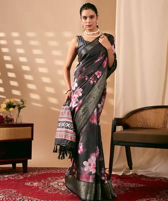Charcoal black designer digital floral soft lichi silk saree with zari woven border | printed saree with matching blouse 2