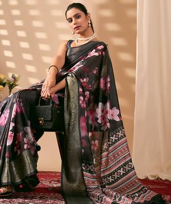 Charcoal black designer digital floral soft lichi silk saree with zari woven border | printed saree with matching blouse 3