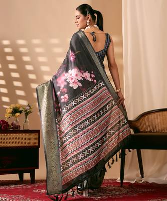 Charcoal black designer digital floral soft lichi silk saree with zari woven border | printed saree with matching blouse 4