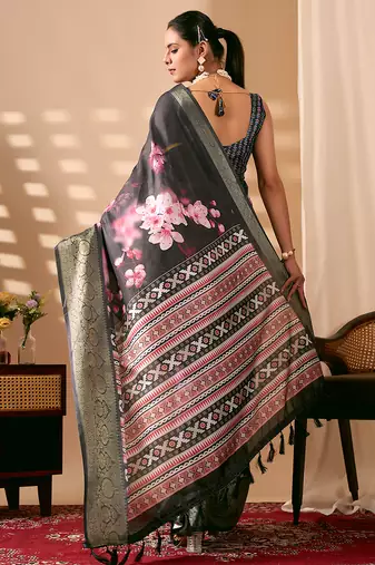 Charcoal black designer digital floral soft lichi silk saree with zari woven border | printed saree with matching blouse