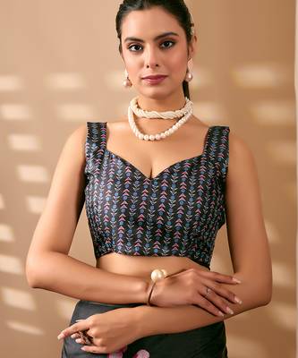 Charcoal black designer digital floral soft lichi silk saree with zari woven border | printed saree with matching blouse 5