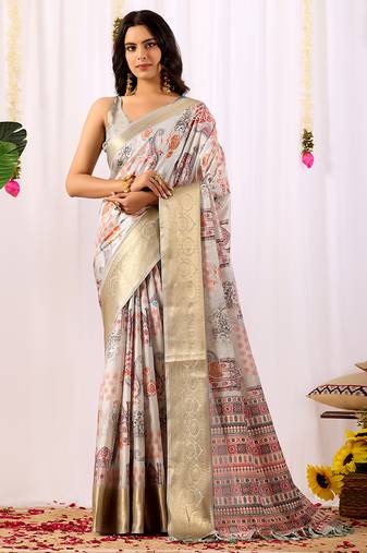 Grey designer ethnic motifs soft lichi silk saree with zari woven border – banarasi silk style saree with blouse