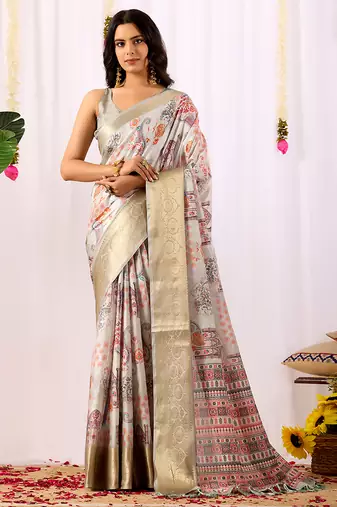 Grey designer ethnic motifs soft lichi silk saree with zari woven border – banarasi silk style saree with blouse