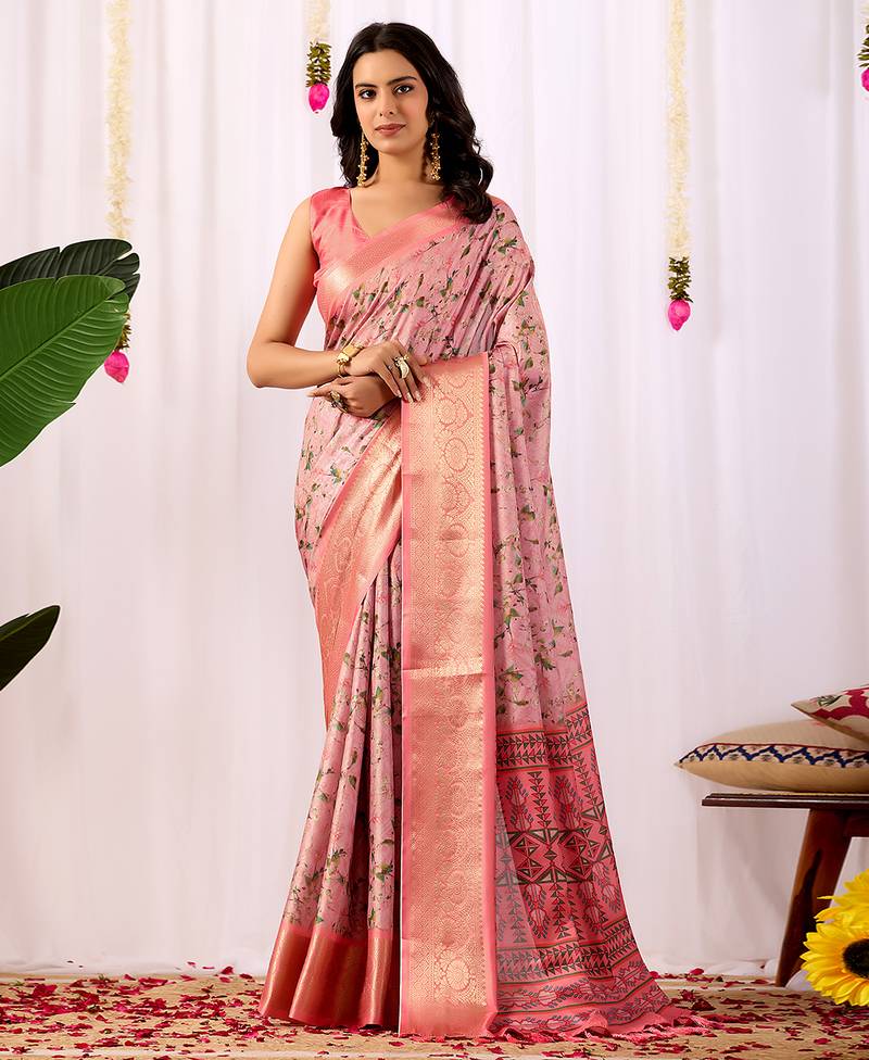 Light pink elegant printed soft silk saree with floral artistry & zari border – banarasi silk style saree with blouse