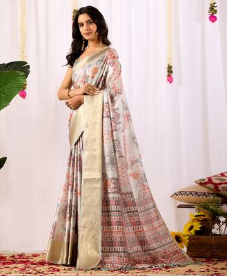 Grey designer ethnic motifs soft lichi silk saree with zari woven border – banarasi silk style saree with blouse 2