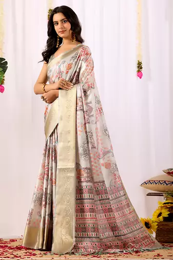 Grey designer ethnic motifs soft lichi silk saree with zari woven border – banarasi silk style saree with blouse