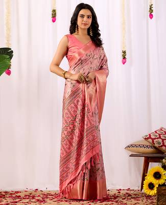 Light pink elegant printed soft silk saree with floral artistry & zari border – banarasi silk style saree with blouse 2