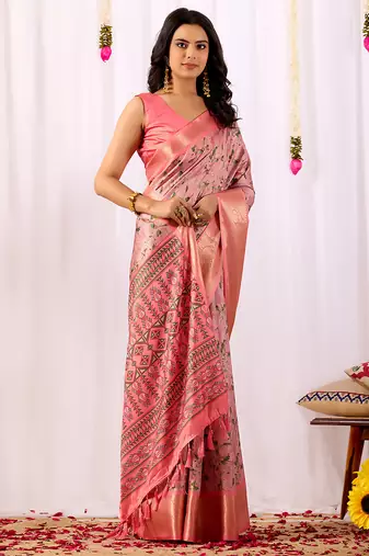 Light pink elegant printed soft silk saree with floral artistry & zari border – banarasi silk style saree with blouse