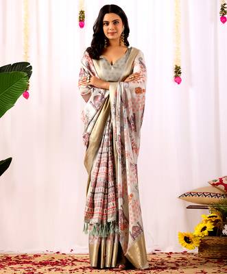 Grey designer ethnic motifs soft lichi silk saree with zari woven border – banarasi silk style saree with blouse 3