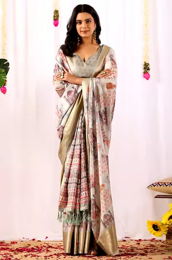 Grey designer ethnic motifs soft lichi silk saree with zari woven border – banarasi silk style saree with blouse