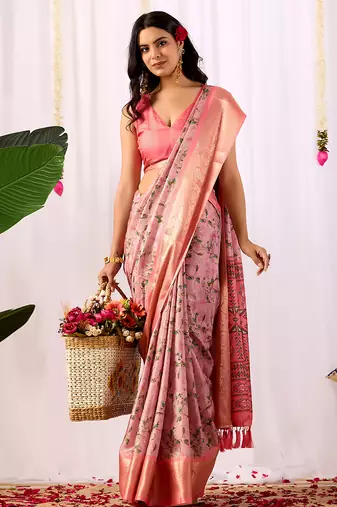 Light pink elegant printed soft silk saree with floral artistry & zari border – banarasi silk style saree with blouse