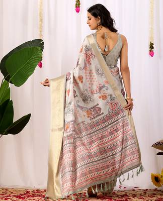 Grey designer ethnic motifs soft lichi silk saree with zari woven border – banarasi silk style saree with blouse 4